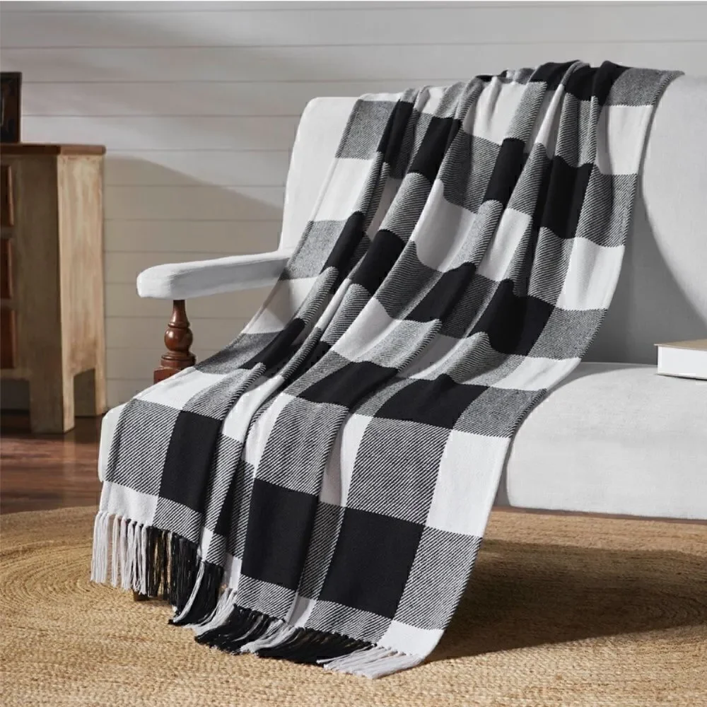 NEW! Black White Buffalo Plaid 100% Cotton Throw Blanket Fringed Cozy Warm